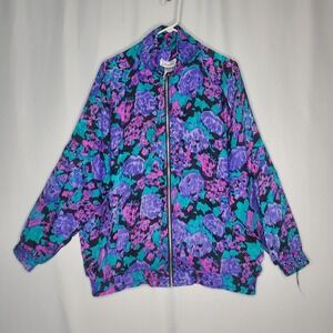 Janeve Silk Bomber Jacket Womens XL Turquoise Purple Abstract Zipper 80s 90s